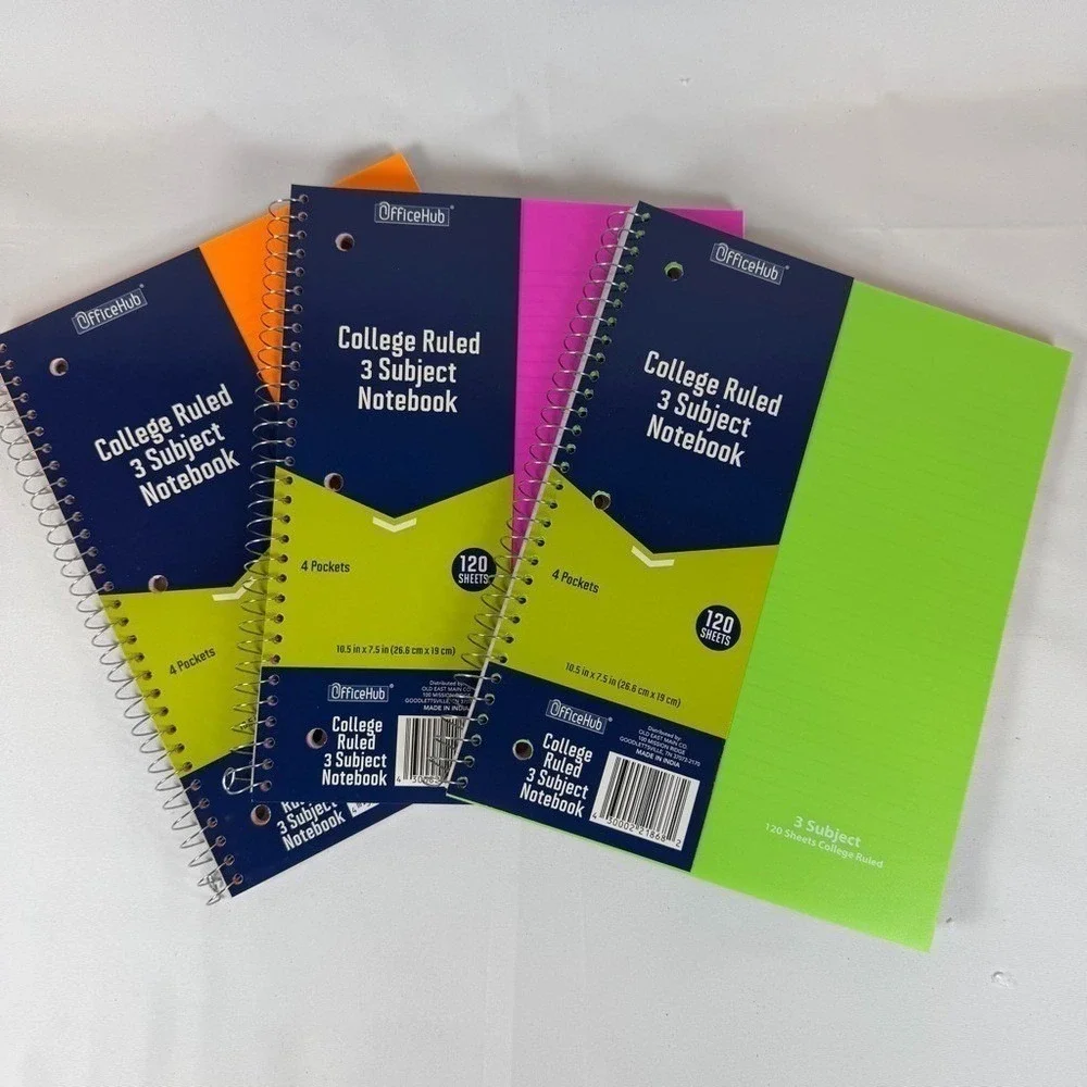 OfficeHub 3 Subject Spiral Notebooks College Ruled 120 Sheets 4 Pockets 3 Pack